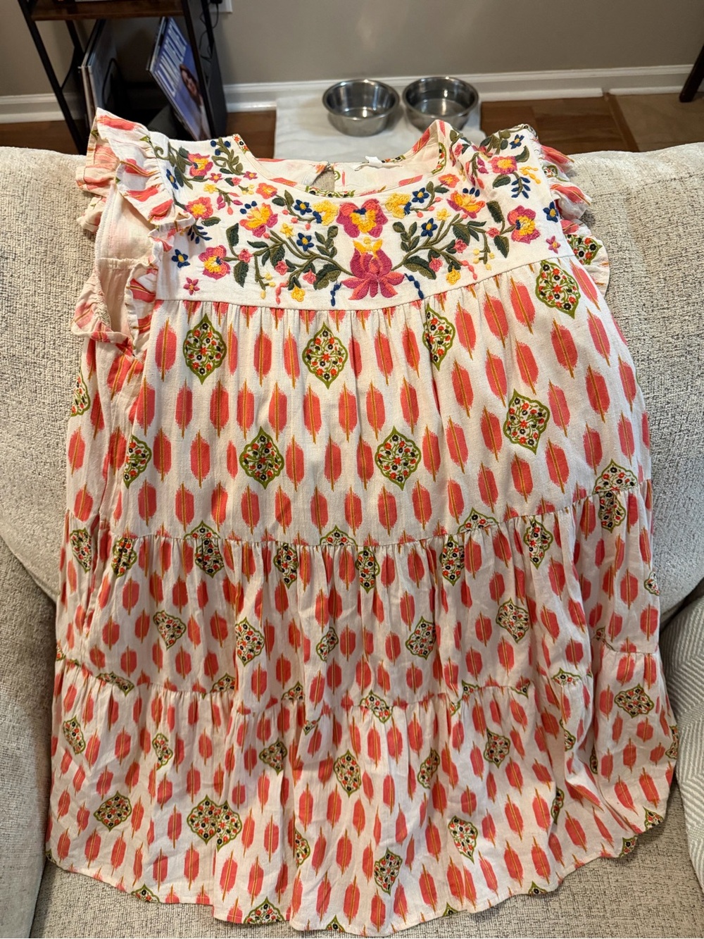 THML white and orange floral and geometric print dress with ruffles,
size M #bo